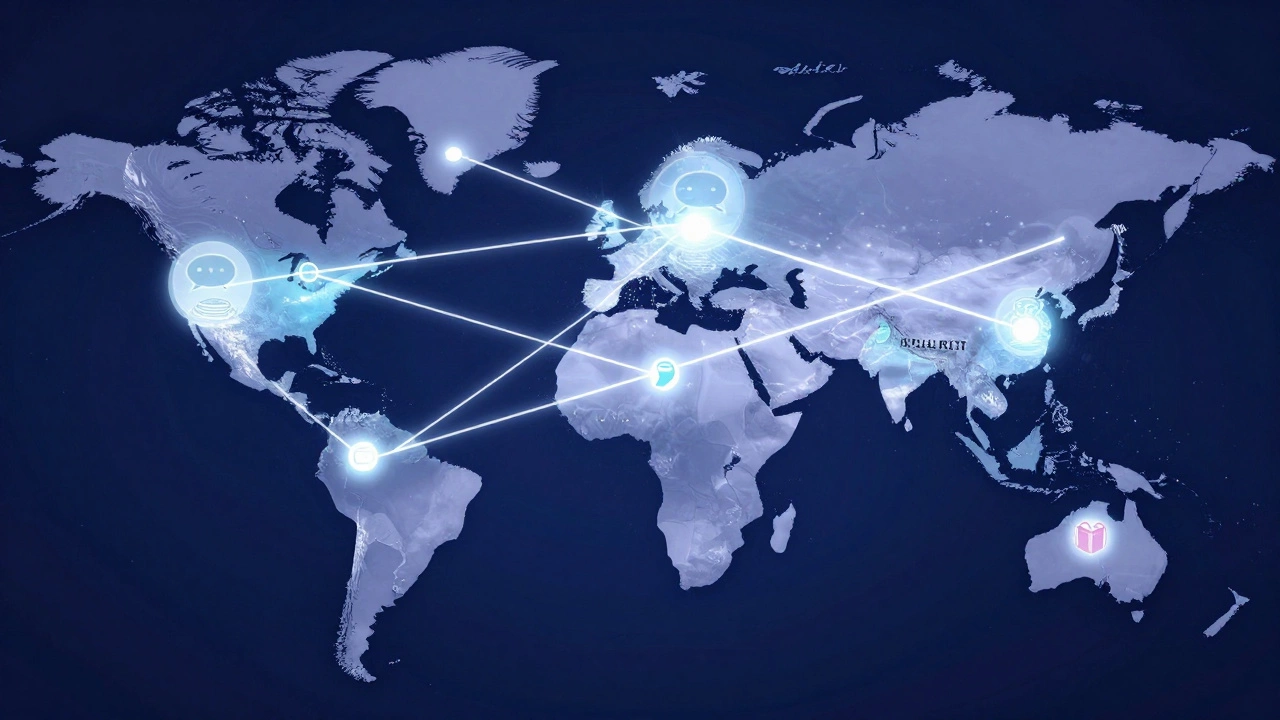 Global map with glowing connections representing distance dating interactions across cities.