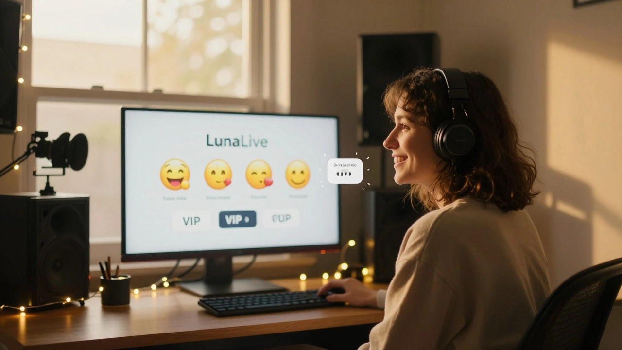 Performer in a warmly lit home studio interacting with viewers on a branded live cam interface.