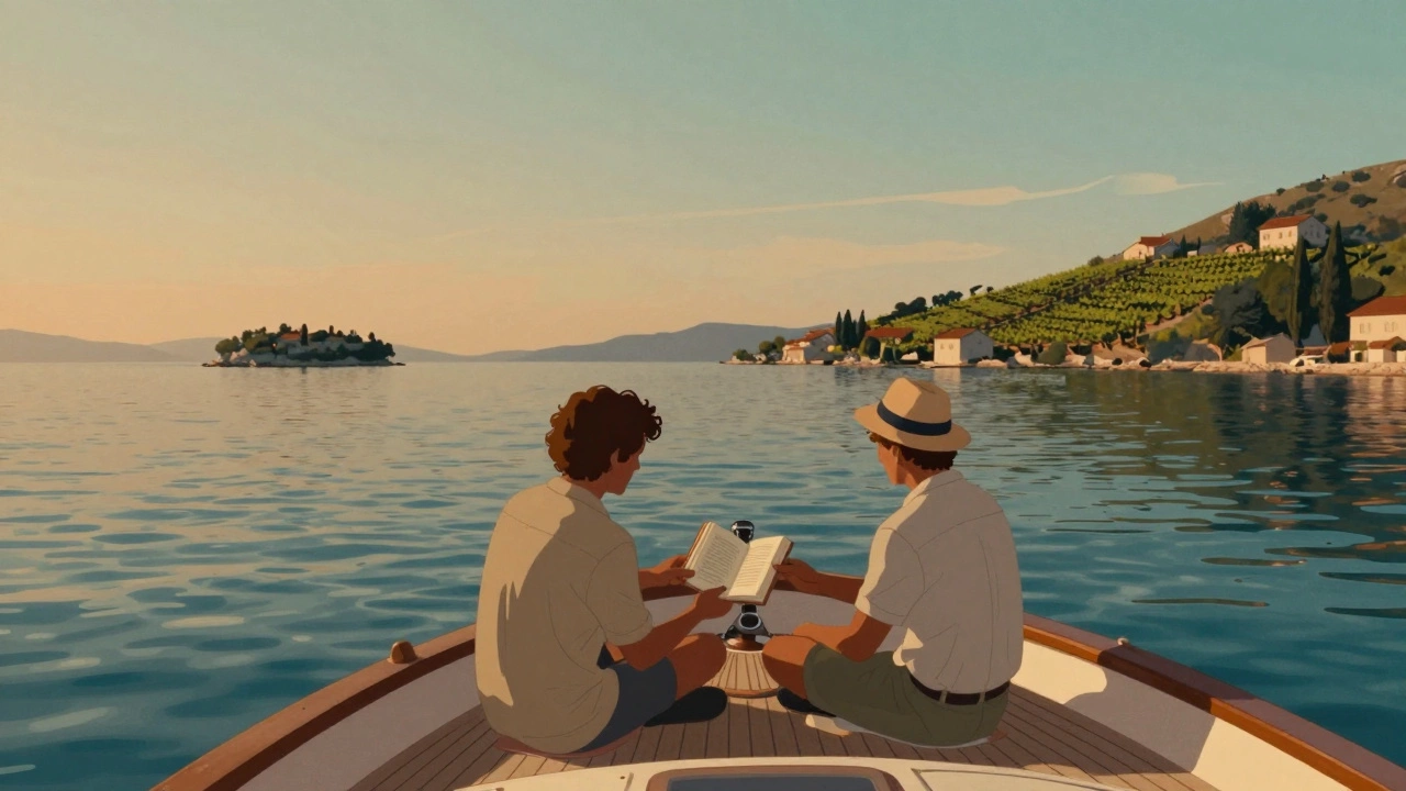 Two people on a private boat along Croatia’s coast, sharing a book as the sun sets over the Adriatic.